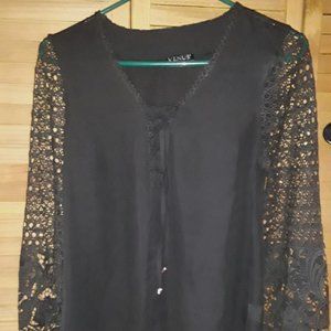 Venus SZ SM Black Sheer Top with Black Lace Open Weave Sleeves Tie Up Bustline